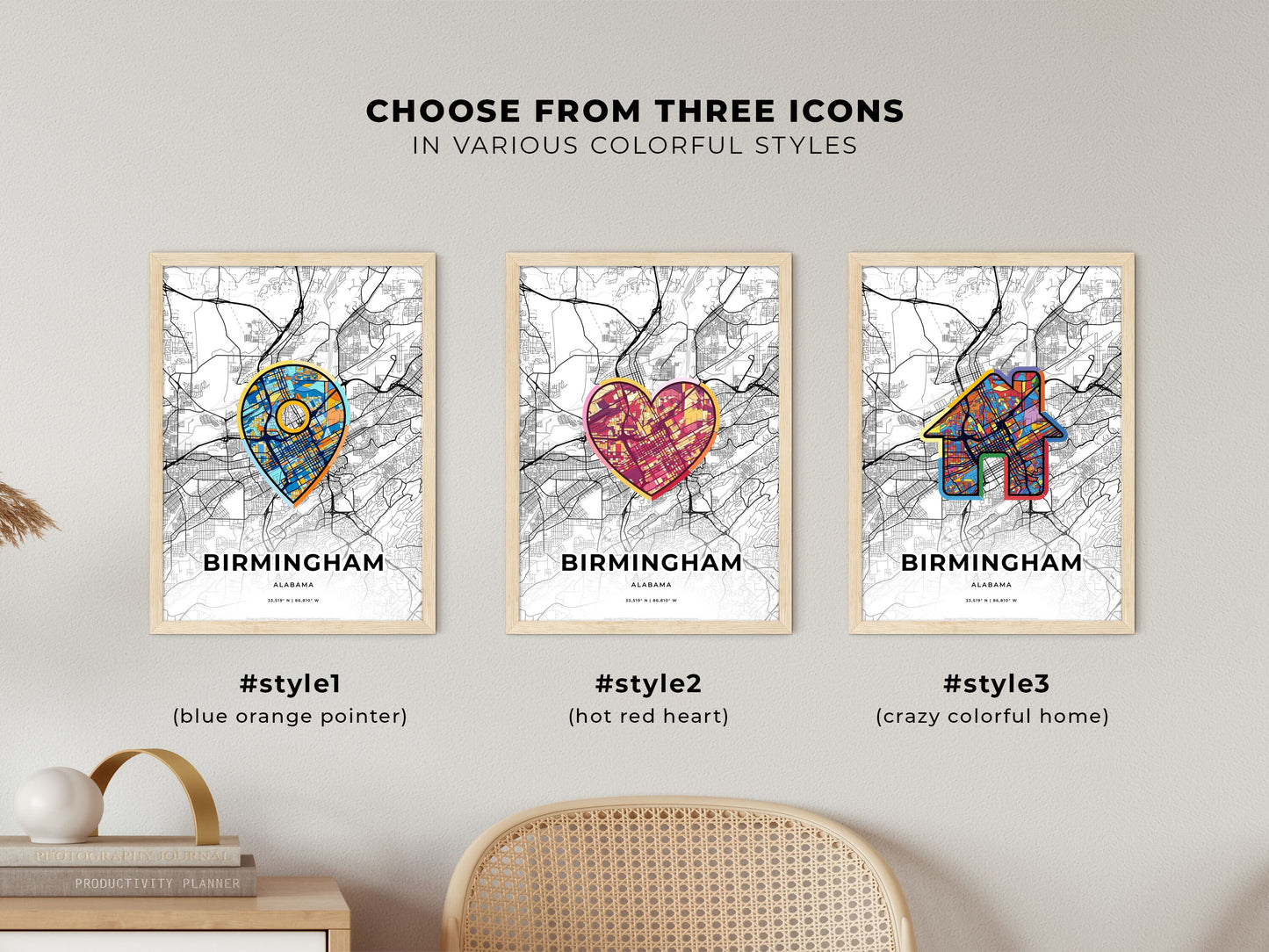 BIRMINGHAM ALABAMA minimal art map with a colorful icon. Where it all began, Couple map gift.