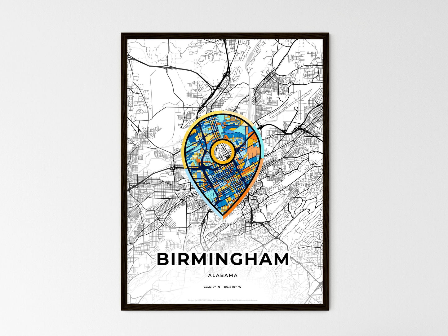 BIRMINGHAM ALABAMA minimal art map with a colorful icon. Where it all began, Couple map gift. Style 1