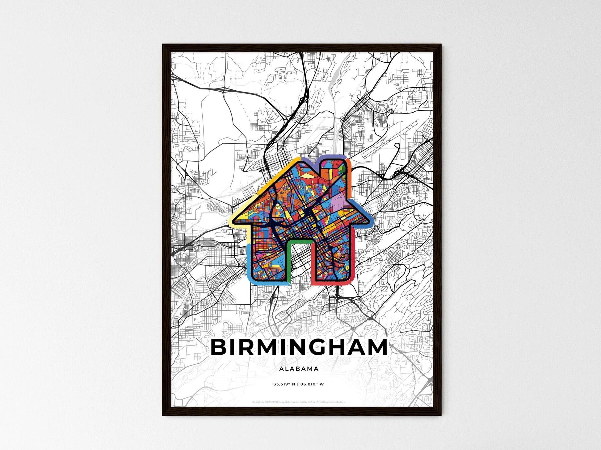 BIRMINGHAM ALABAMA minimal art map with a colorful icon. Where it all began, Couple map gift. Style 3