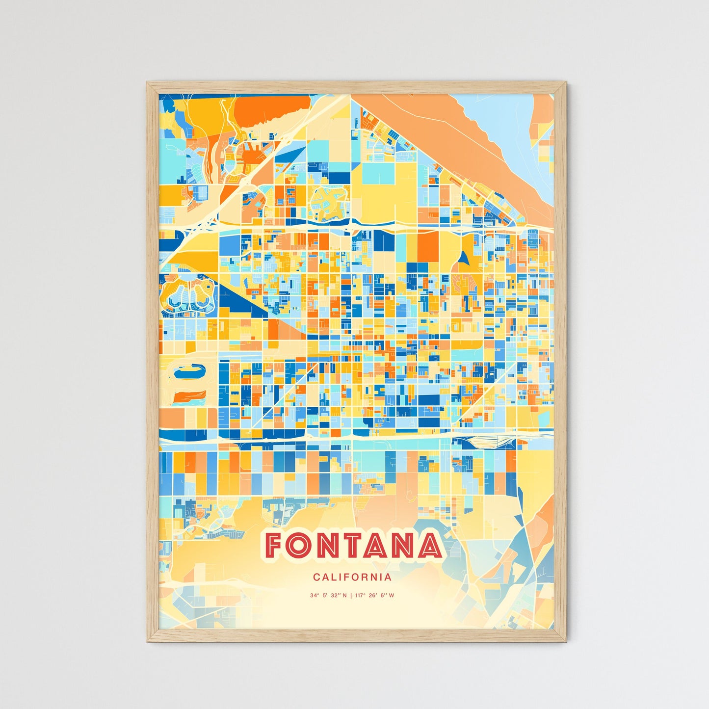 Colorful Fontana California Fine Art Map Blue Orange