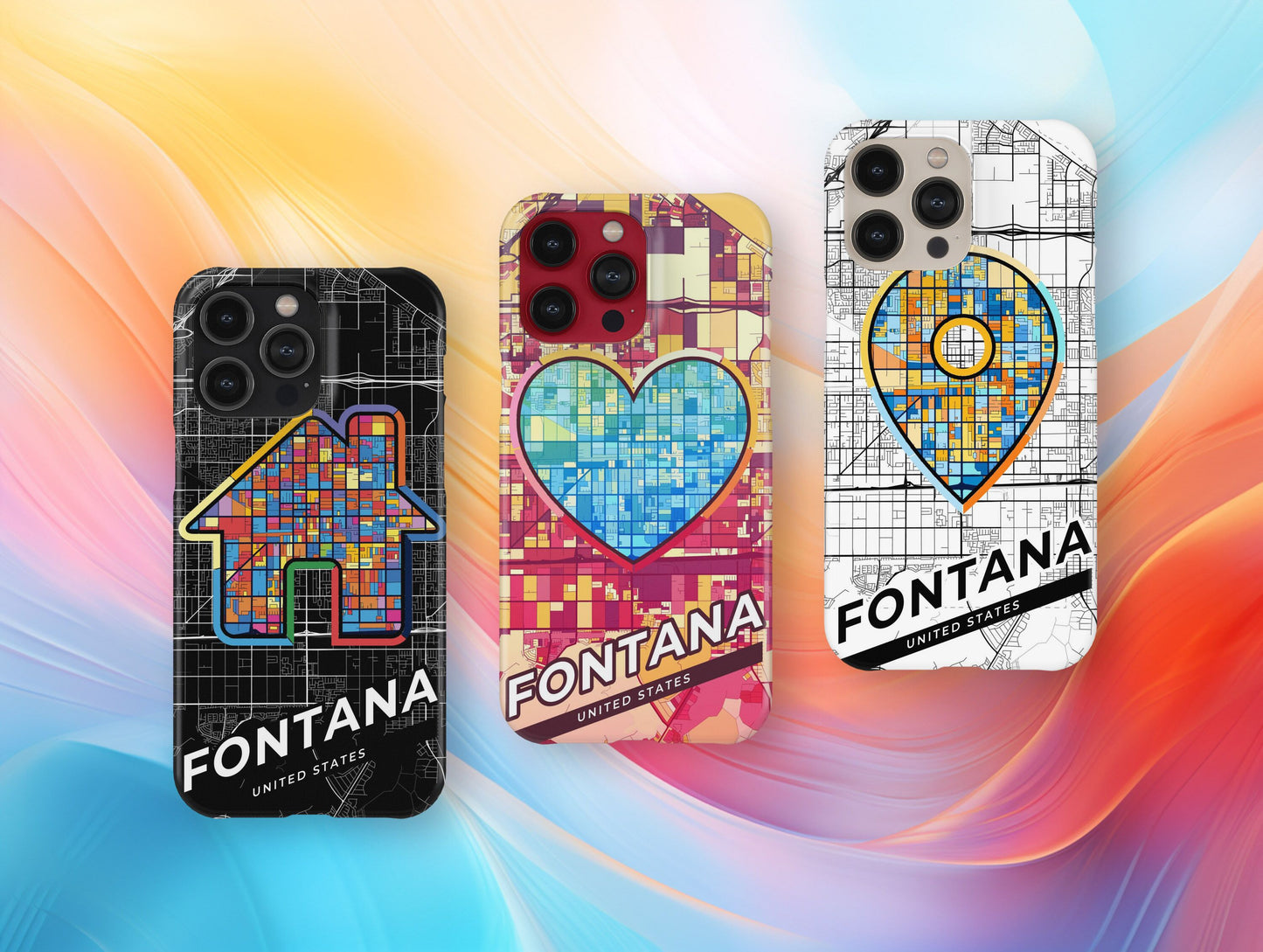 Fontana California slim phone case with colorful icon. Birthday, wedding or housewarming gift. Couple match cases.