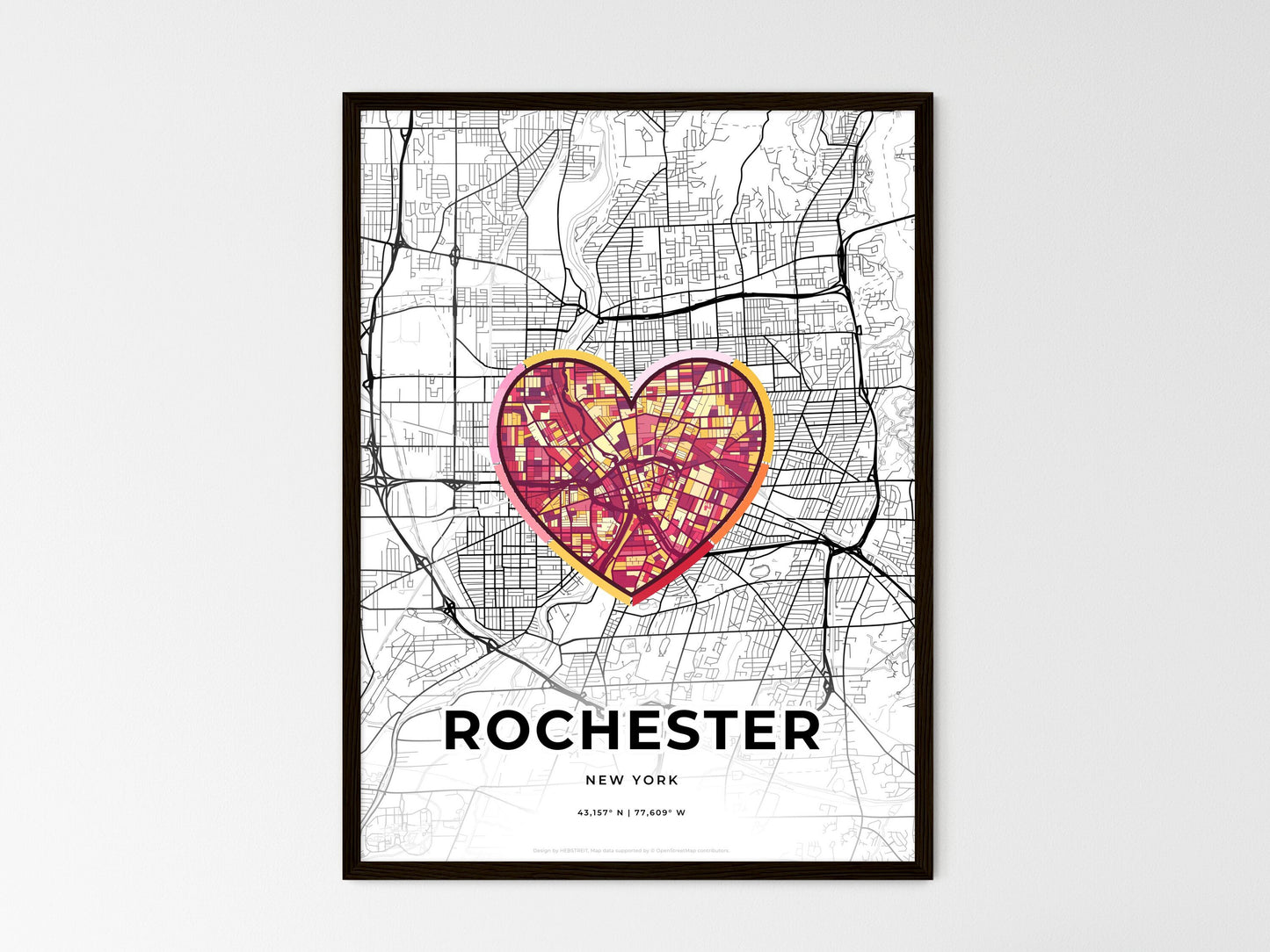 Rochester New York wedding art map with heart icon
