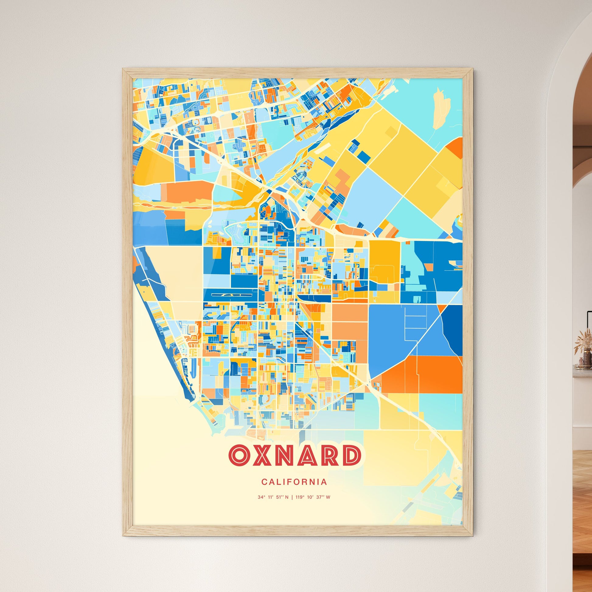 Colorful Oxnard California Fine Art Map Blue Orange
