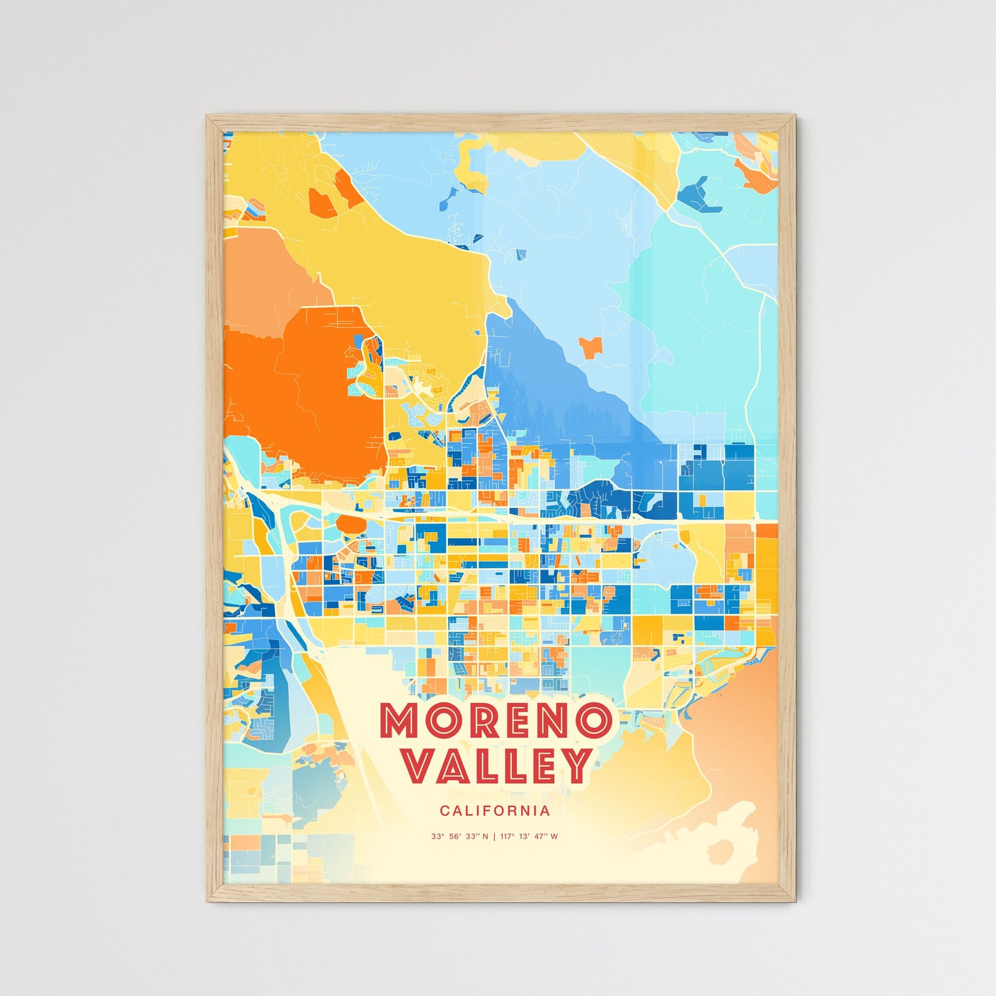 Colorful Moreno Valley California Fine Art Map Blue Orange
