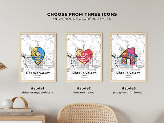Moreno Valley California maps with colorful icons