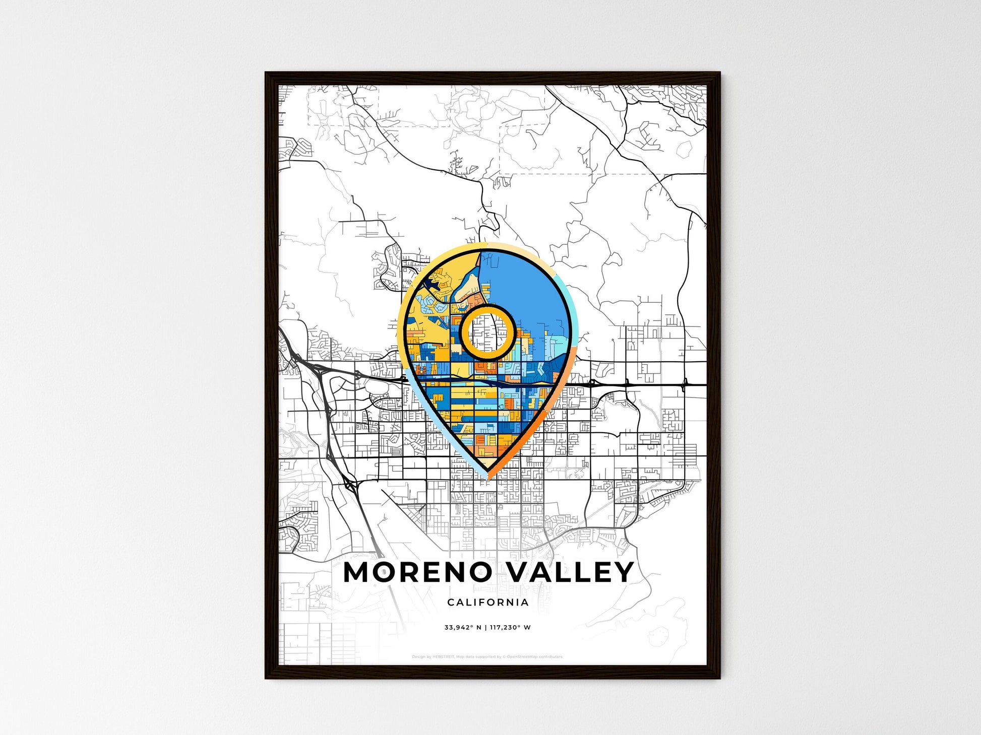 Moreno Valley California wedding art map with pointer icon