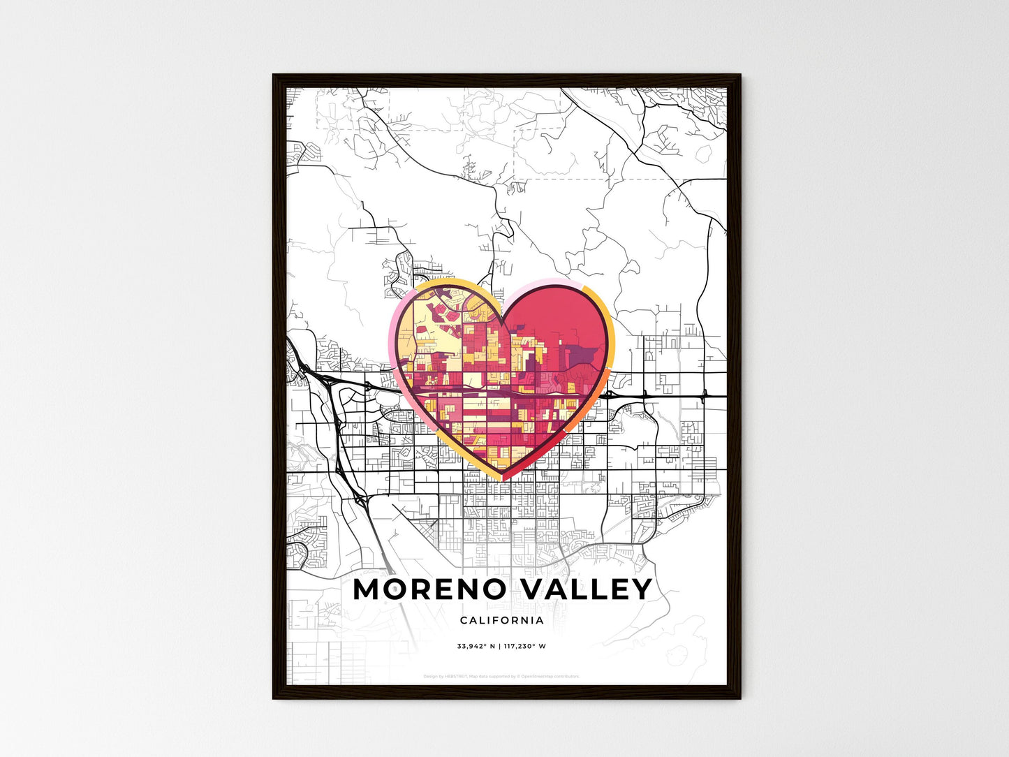 Moreno Valley California wedding art map with heart icon