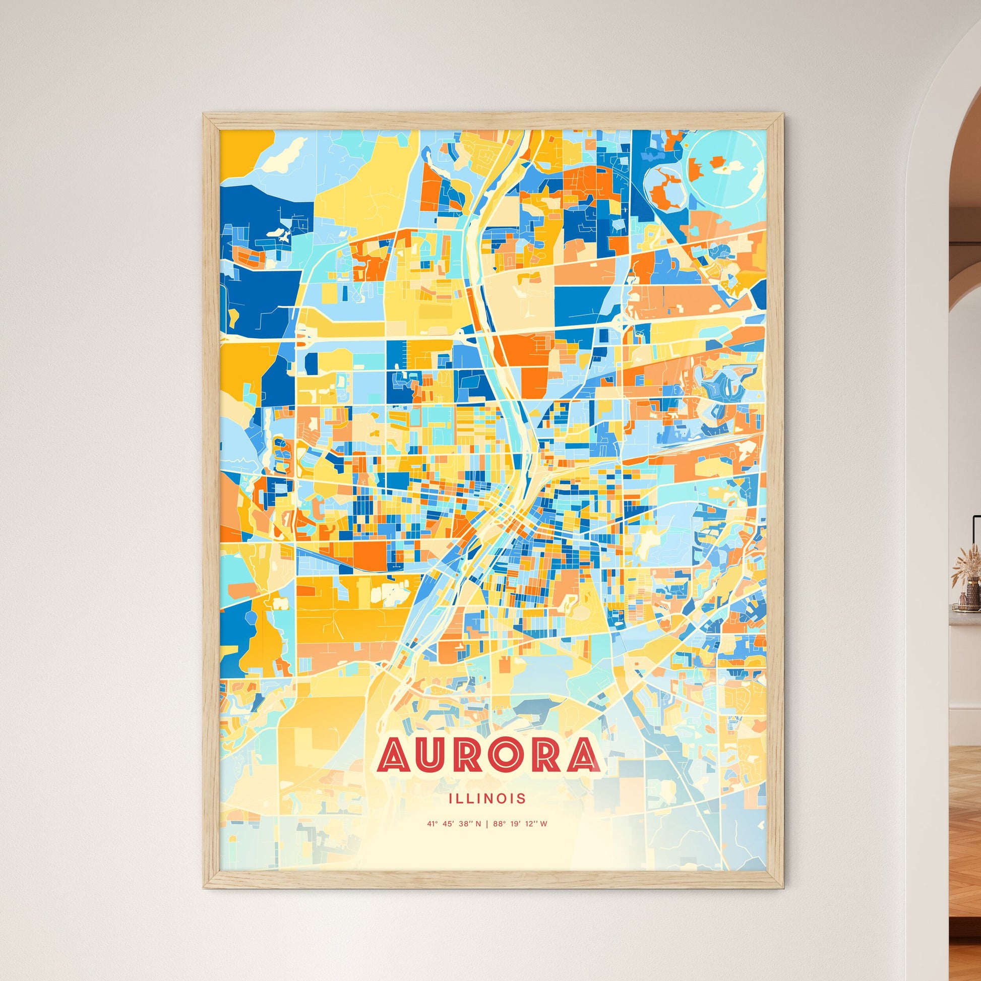 Colorful Aurora Illinois Fine Art Map Blue Orange