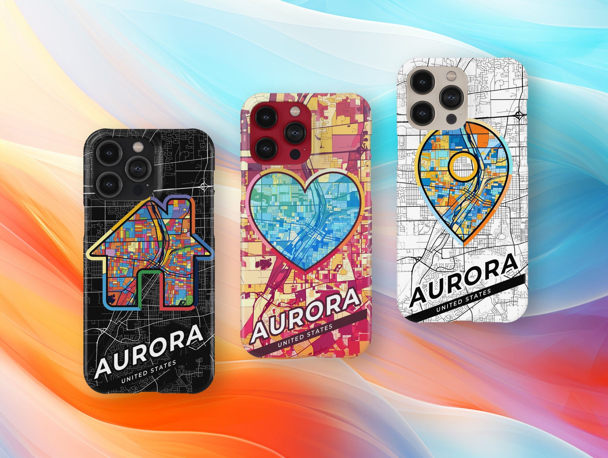 Aurora Illinois slim phone case with colorful icon. Birthday, wedding or housewarming gift. Couple match cases.