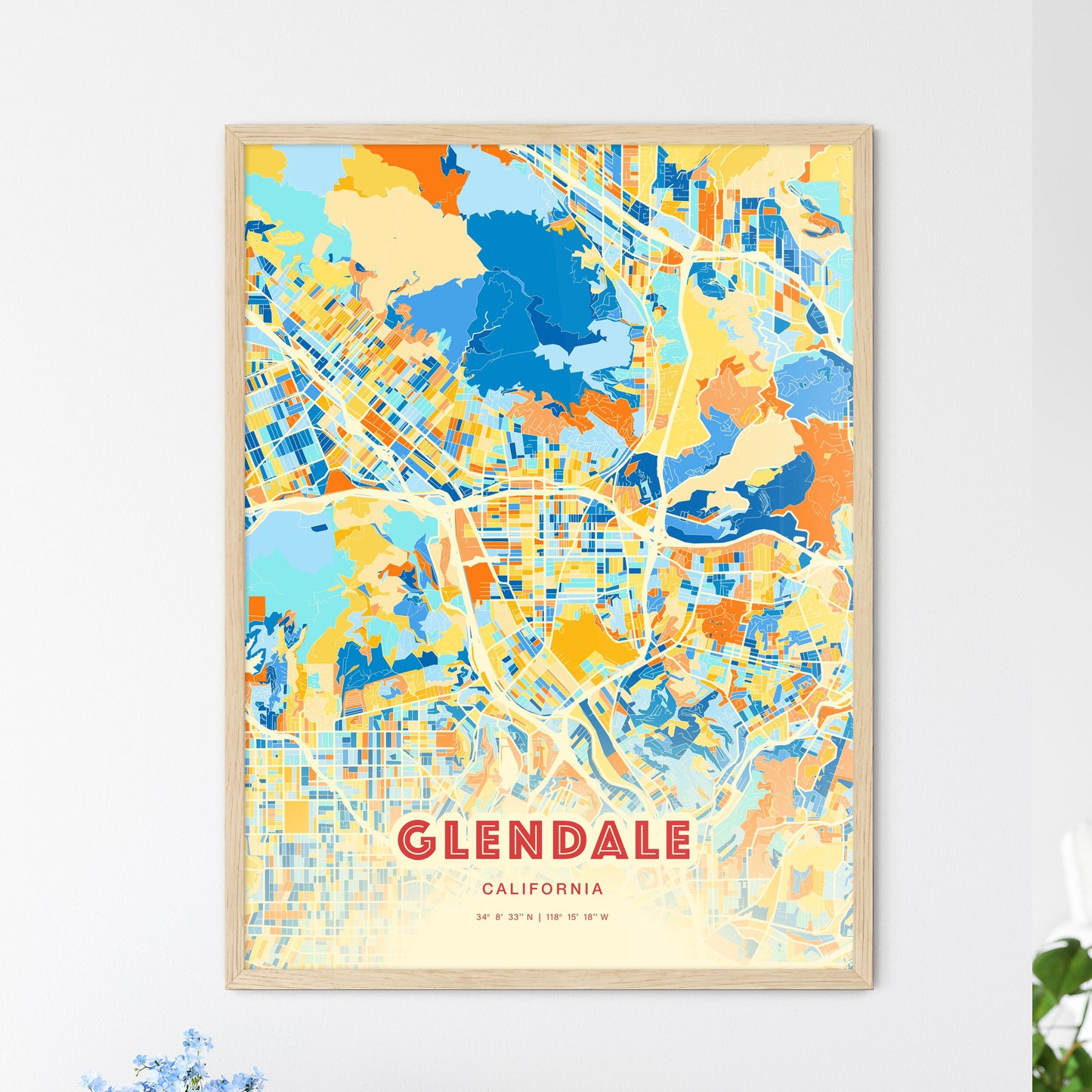 Colorful Glendale California Fine Art Map Blue Orange