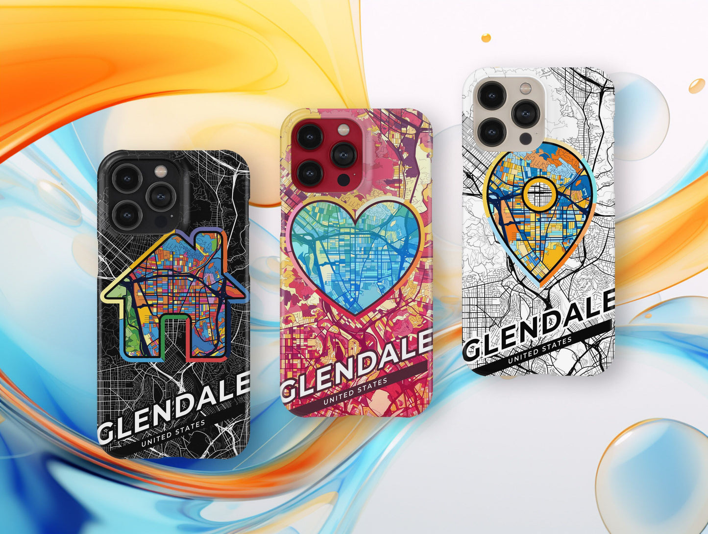 Glendale California slim phone case with colorful icon. Birthday, wedding or housewarming gift. Couple match cases.