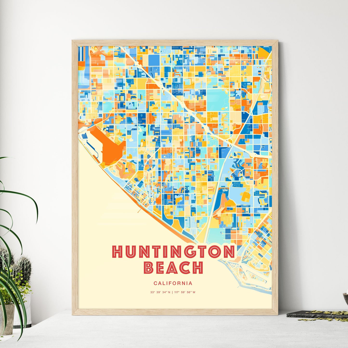 Colorful Huntington Beach California Fine Art Map Blue Orange