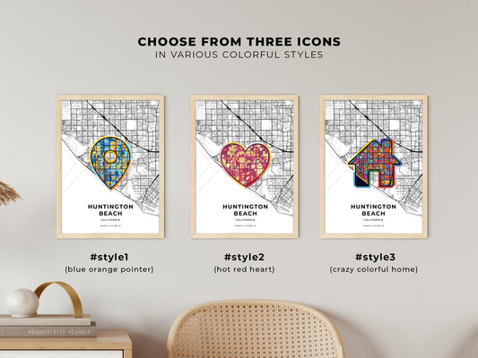 Huntington Beach California maps with colorful icons