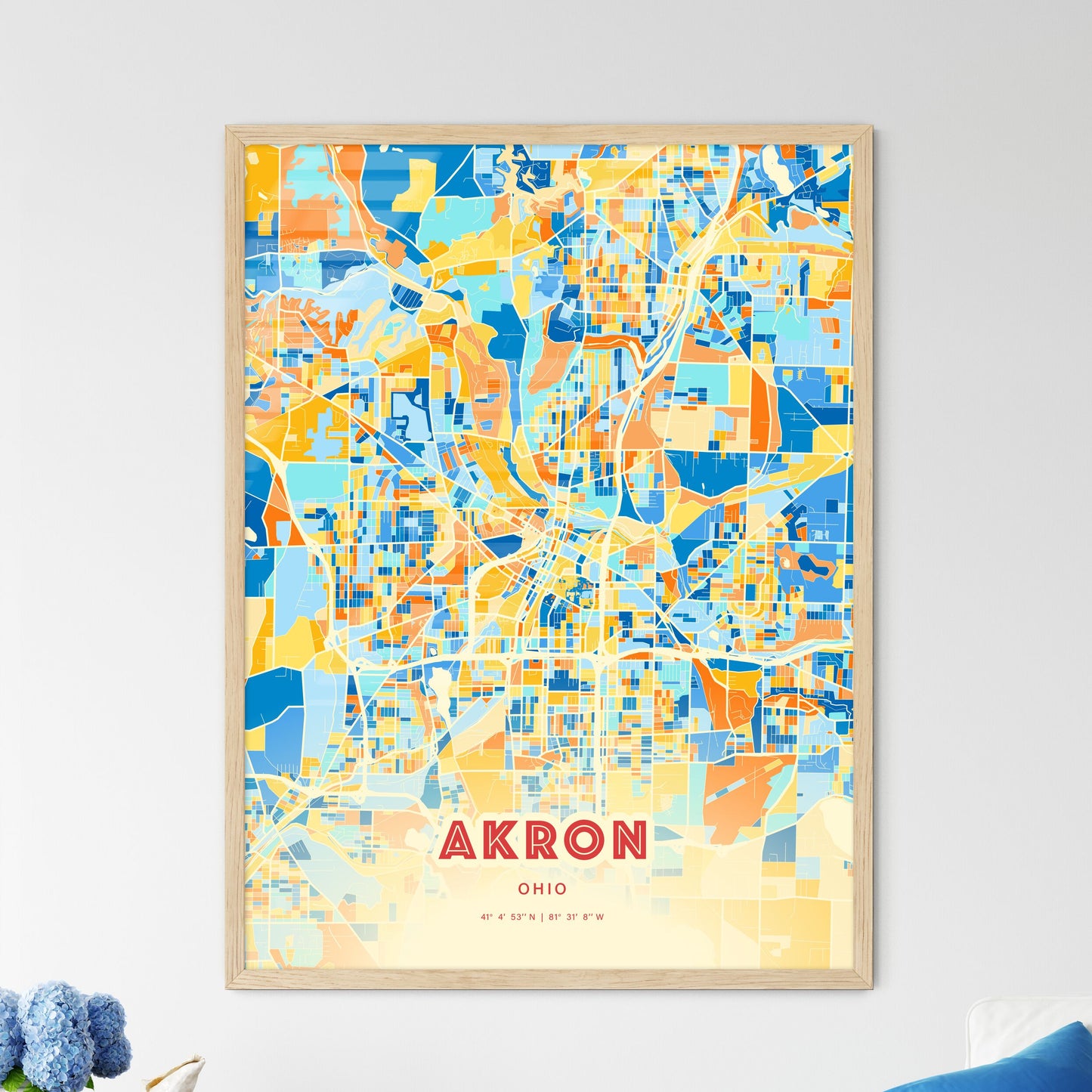 Colorful Akron Ohio Fine Art Map Blue Orange