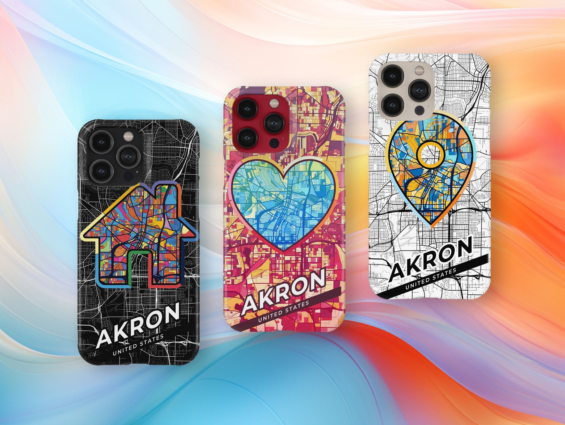 Akron Ohio slim phone case with colorful icon. Birthday, wedding or housewarming gift. Couple match cases.