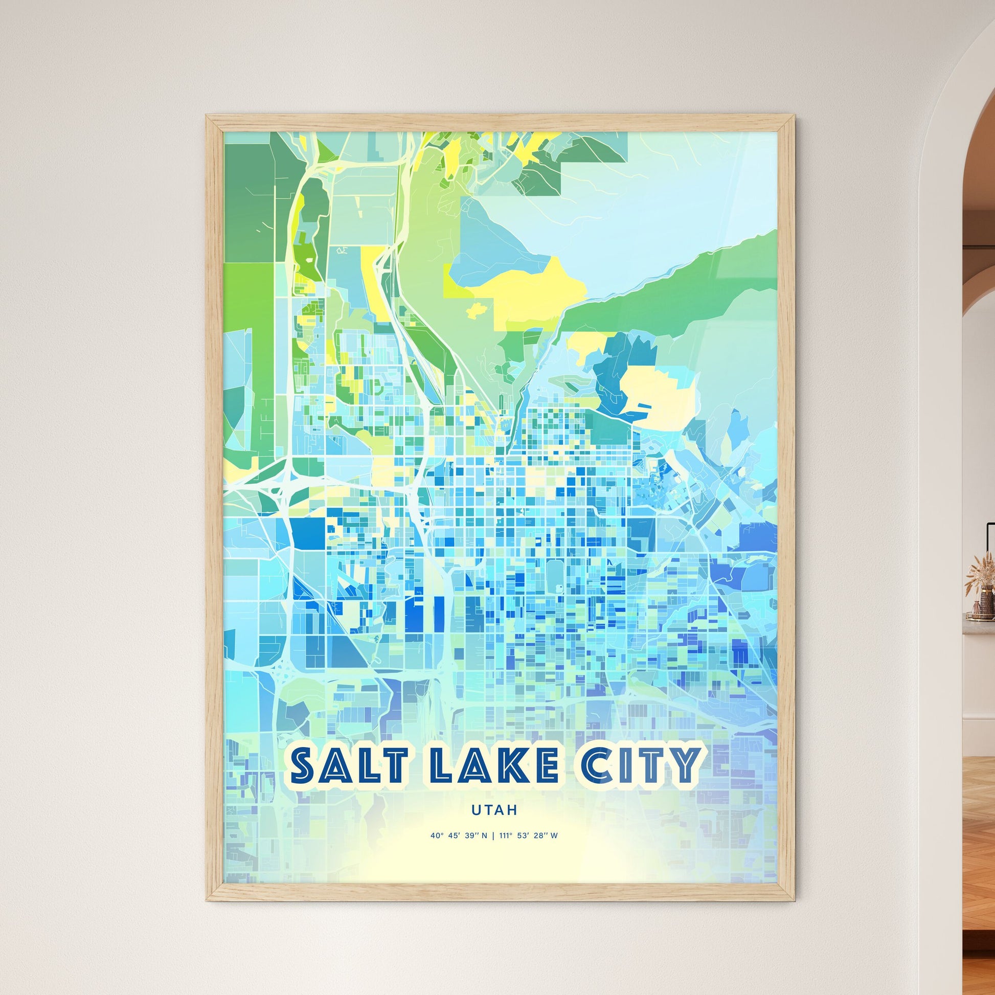 Colorful SALT LAKE CITY UTAH Fine Art Map Cool Blue