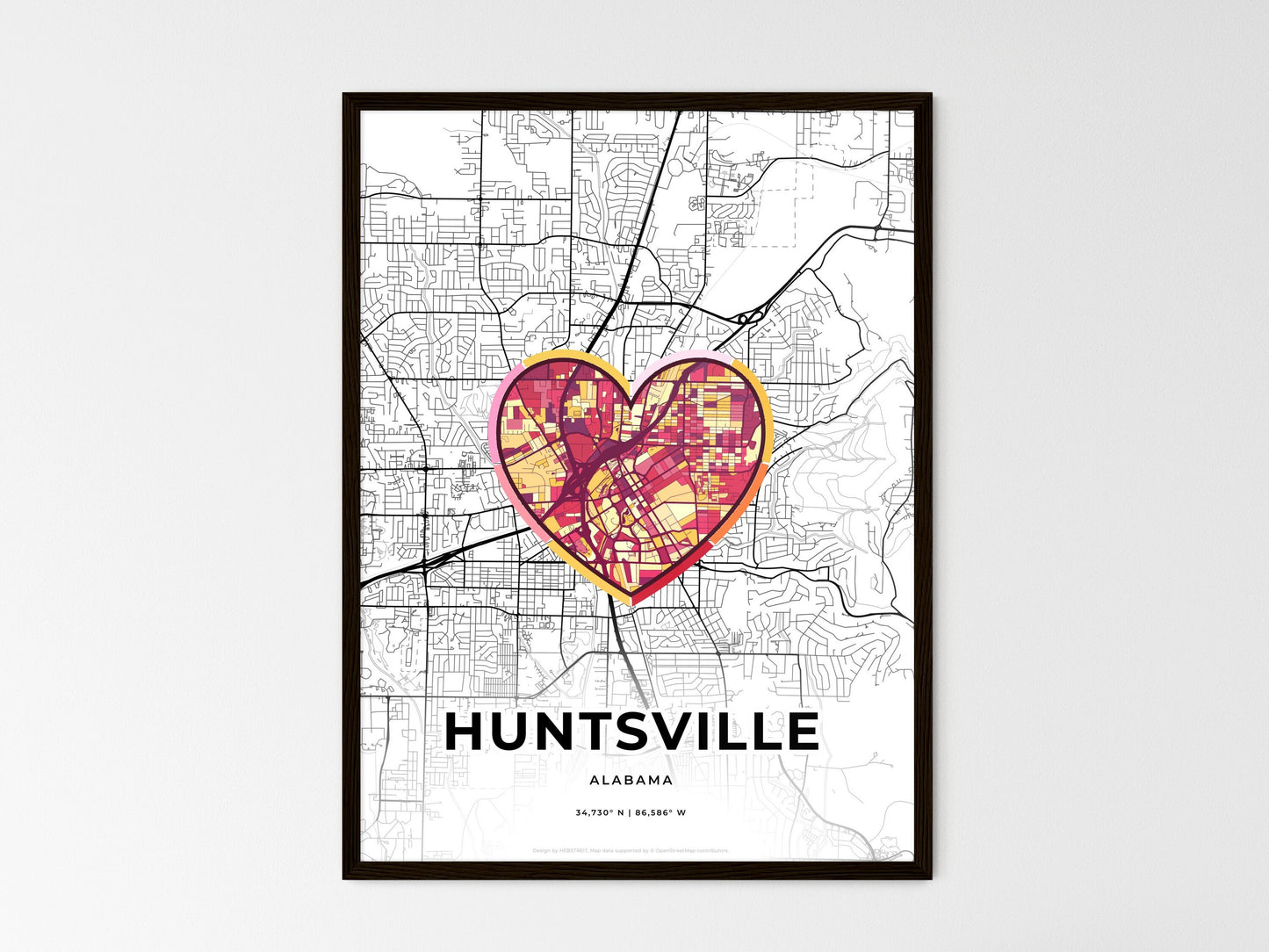 Huntsville Alabama wedding art map with heart icon