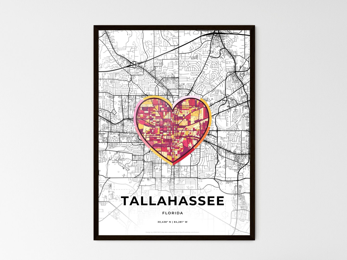 Tallahassee Florida wedding art map with heart icon