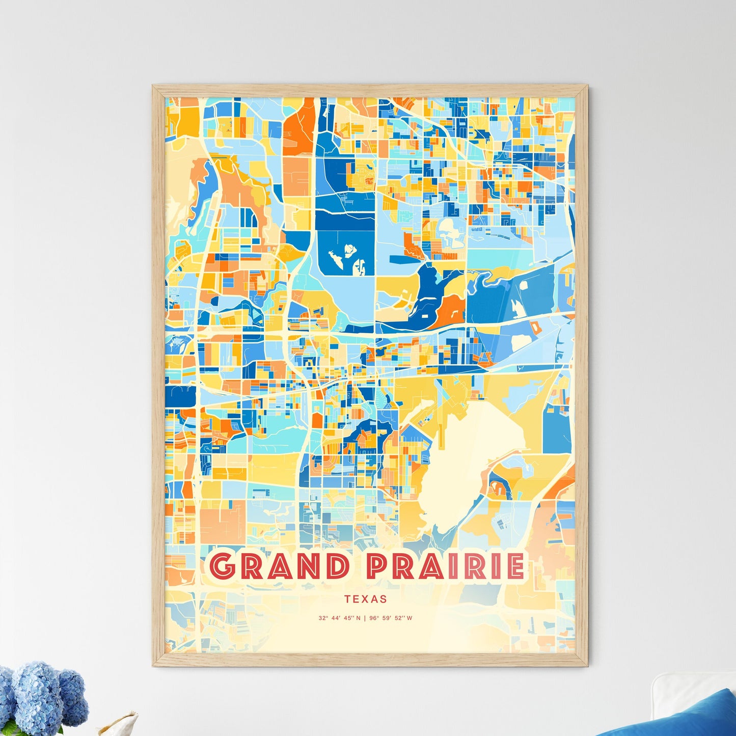 Colorful Grand Prairie Texas Fine Art Map Blue Orange
