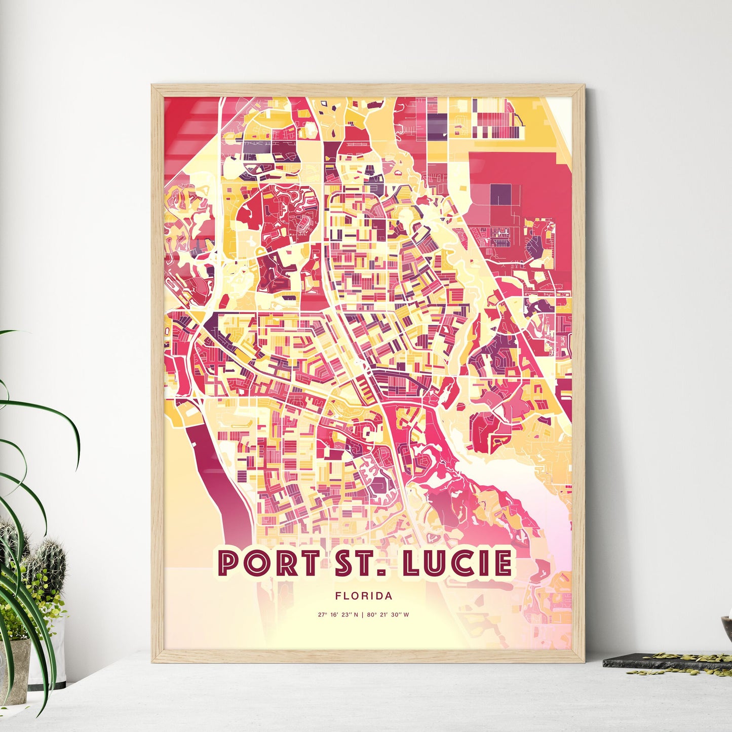 Colorful PORT ST. LUCIE FLORIDA Fine Art Map Hot Red