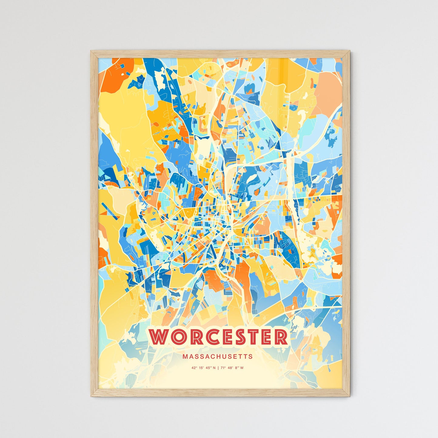 Colorful Worcester Massachusetts Fine Art Map Blue Orange