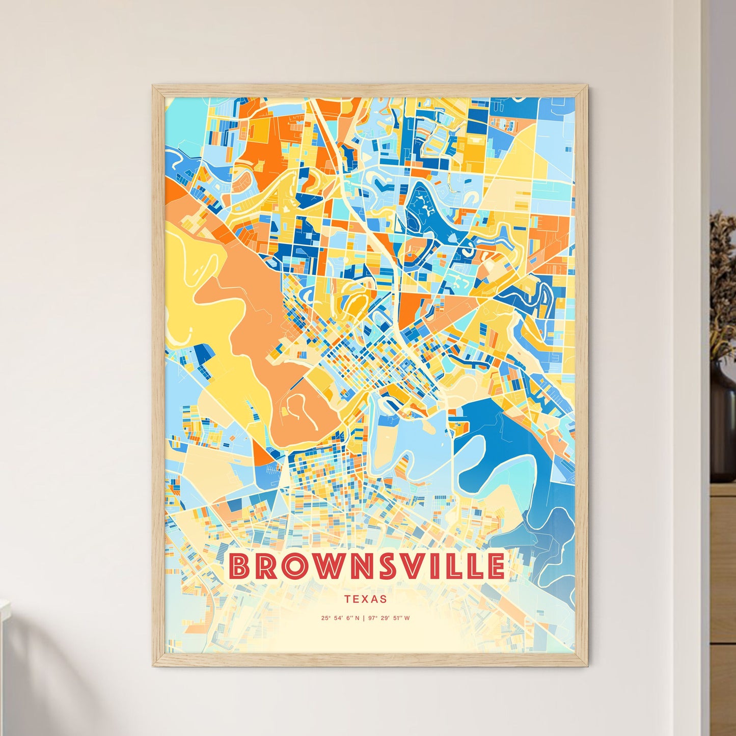 Colorful Brownsville Texas Fine Art Map Blue Orange