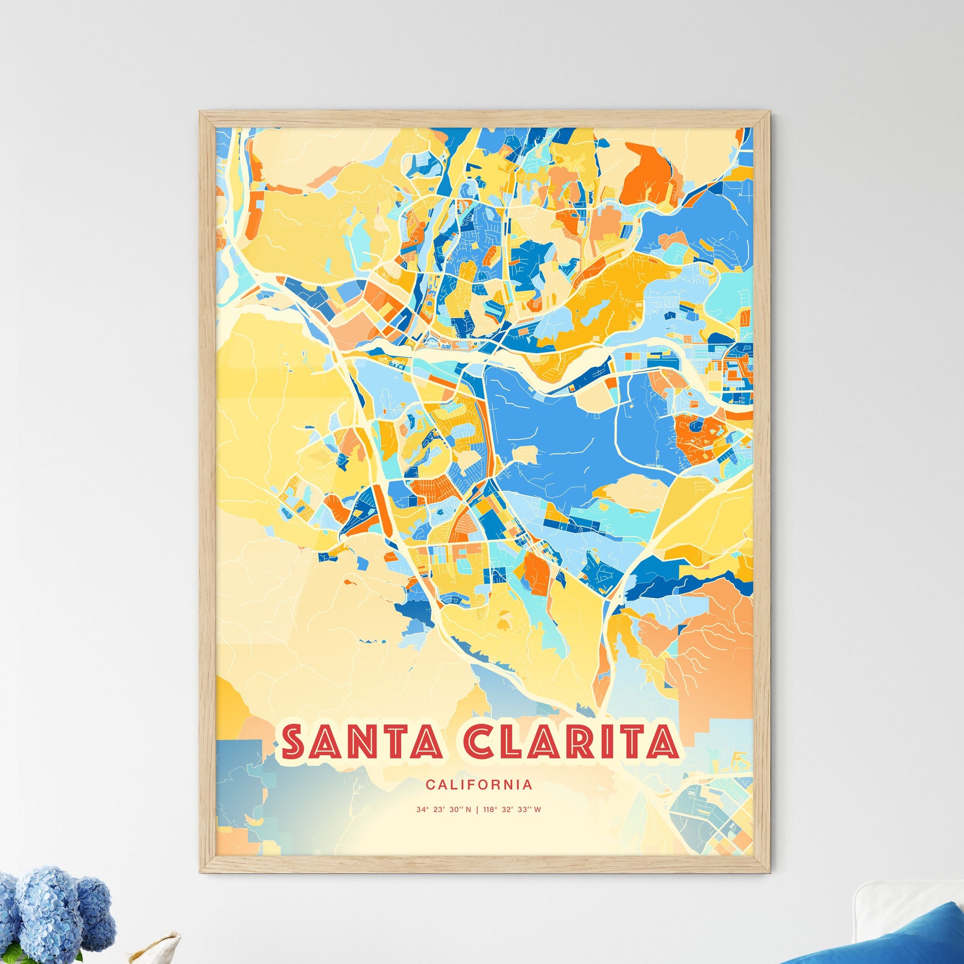 Colorful Santa Clarita California Fine Art Map Blue Orange