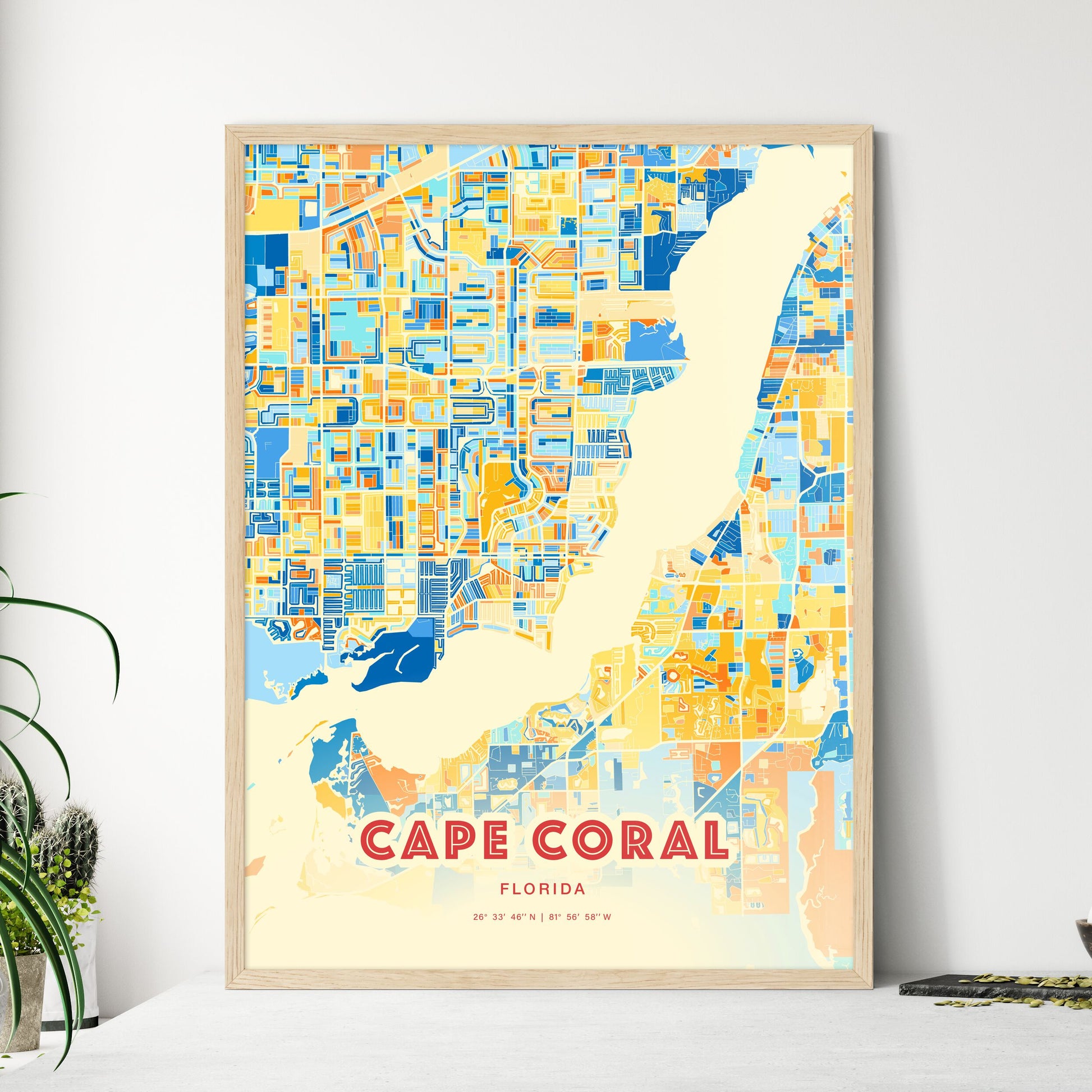 Colorful Cape Coral Florida Fine Art Map Blue Orange