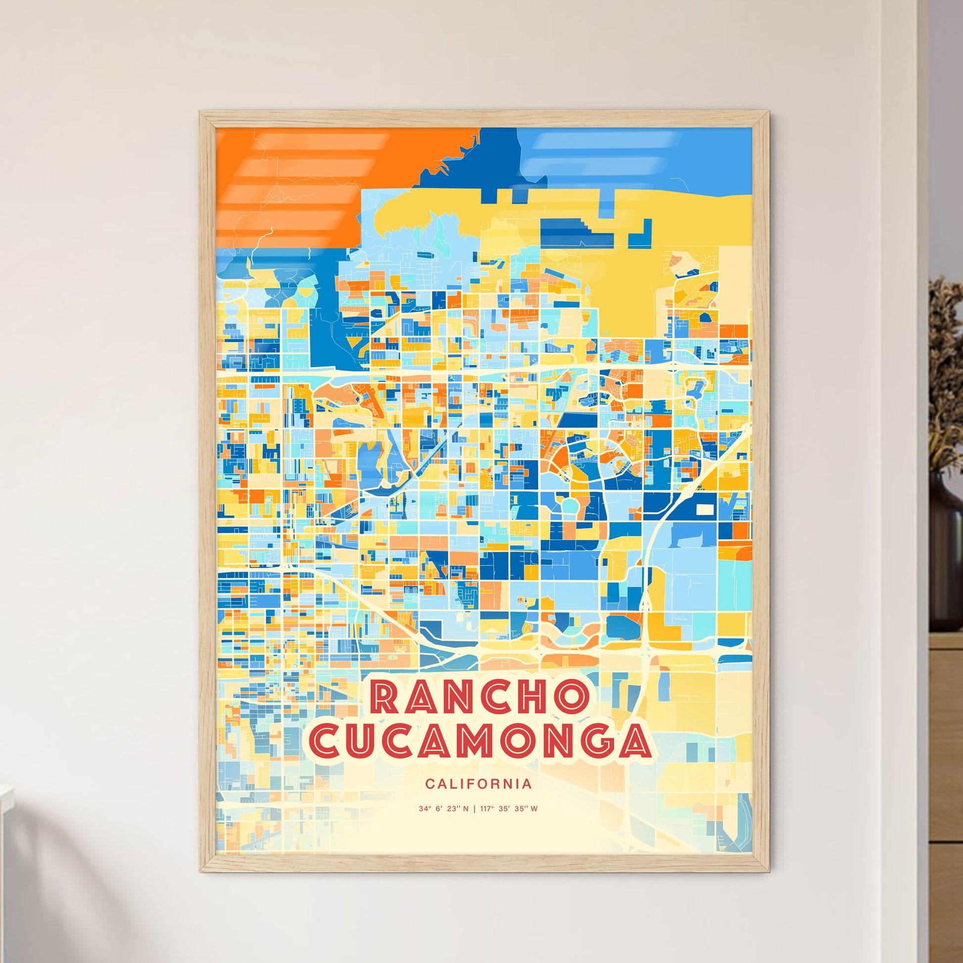 Colorful Rancho Cucamonga California Fine Art Map Blue Orange