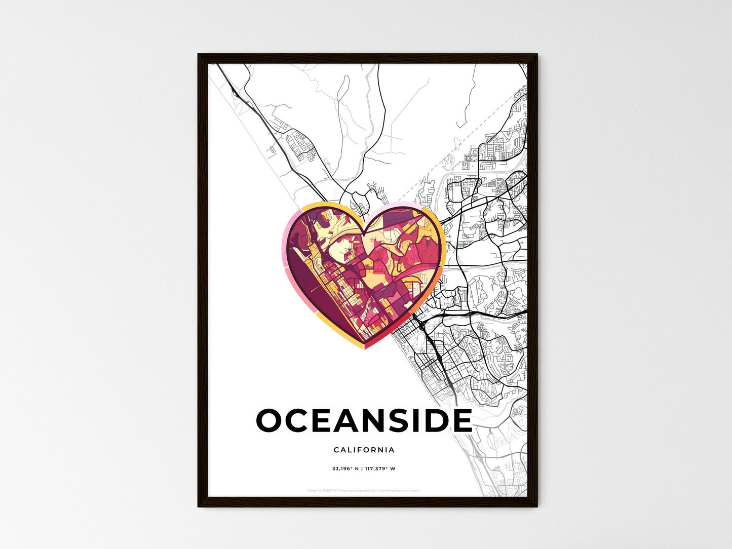 Oceanside California wedding art map with heart icon