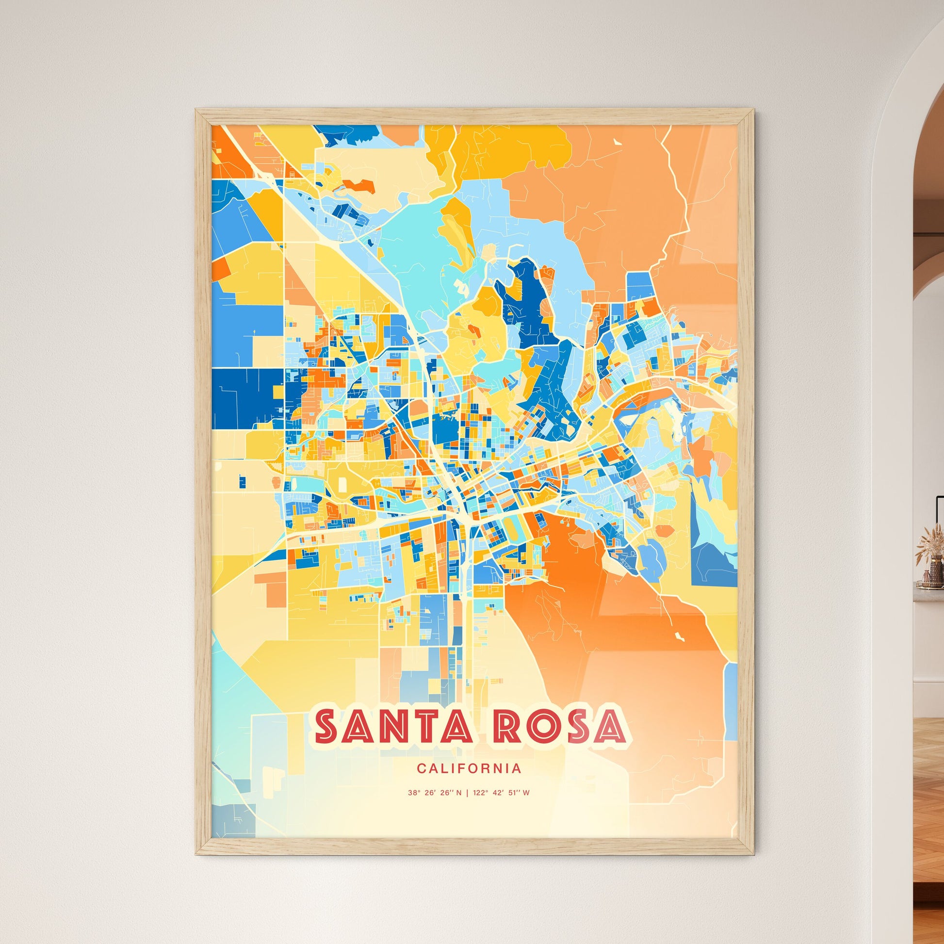 Colorful Santa Rosa California Fine Art Map Blue Orange