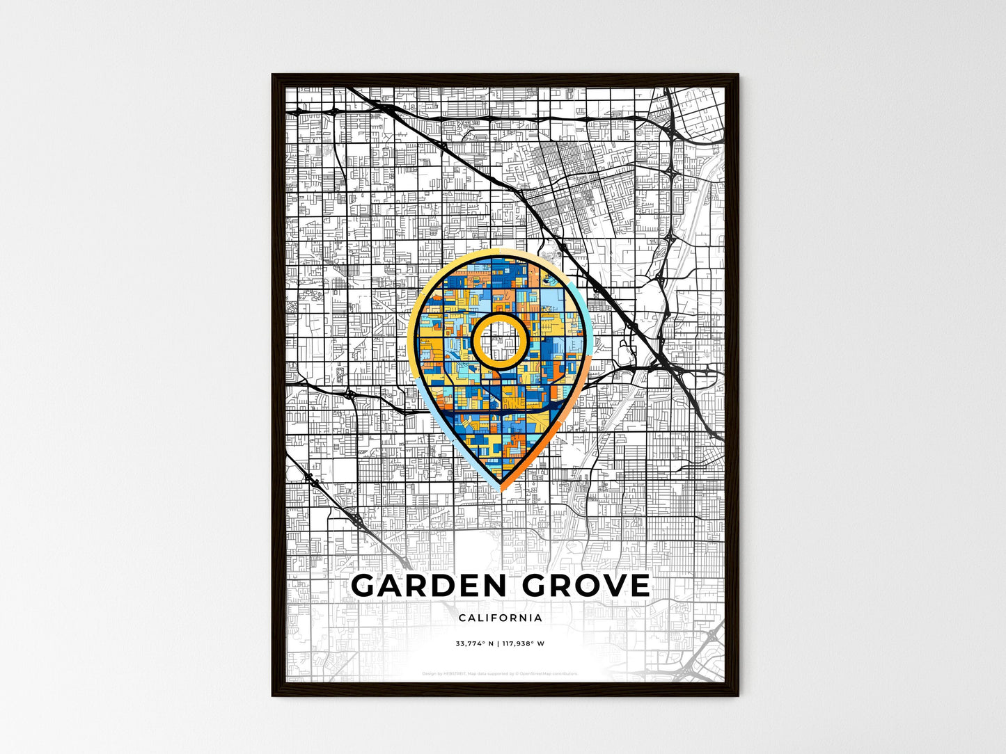 Garden Grove California wedding art map with pointer icon