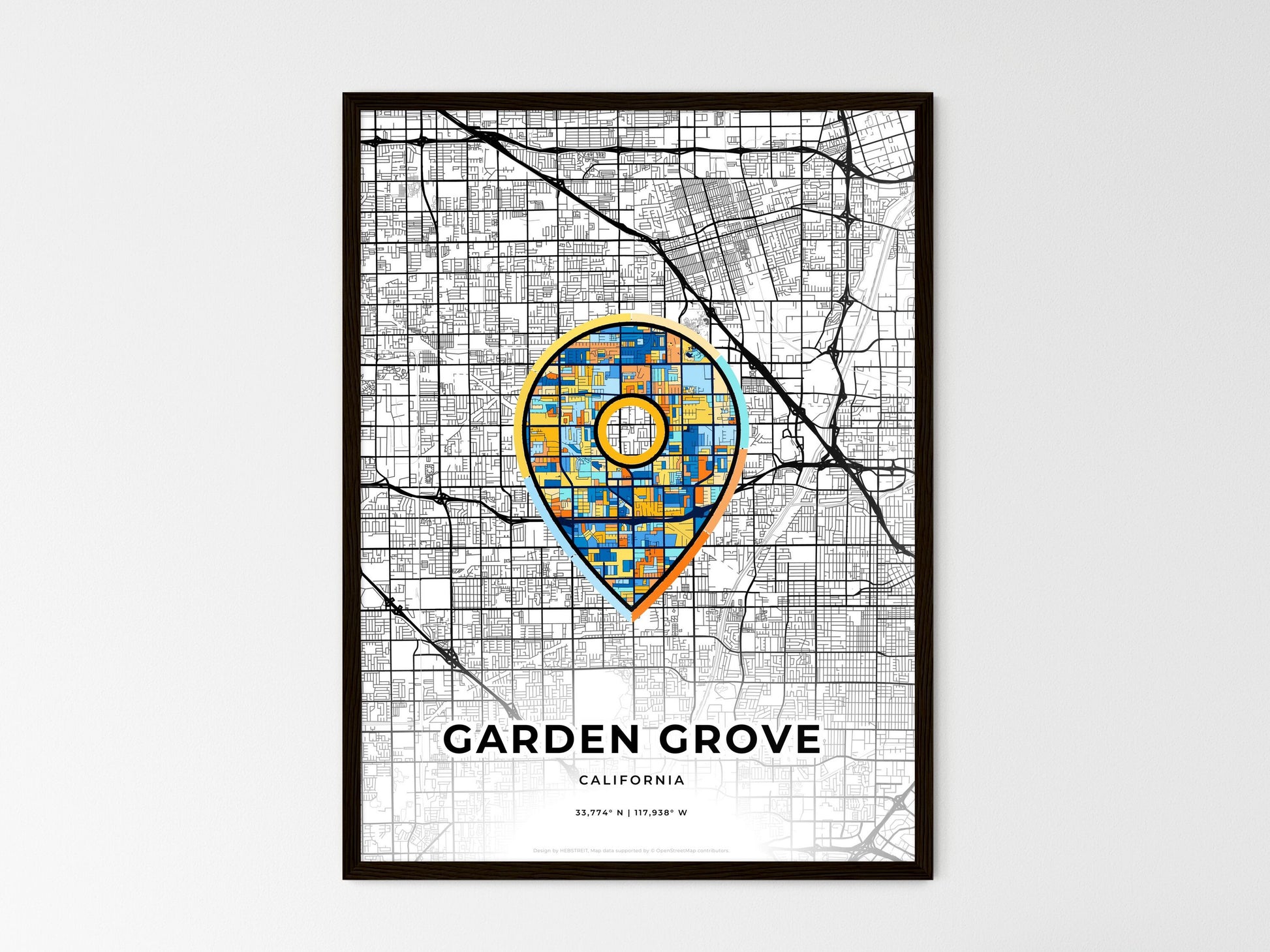 Garden Grove California wedding art map with pointer icon
