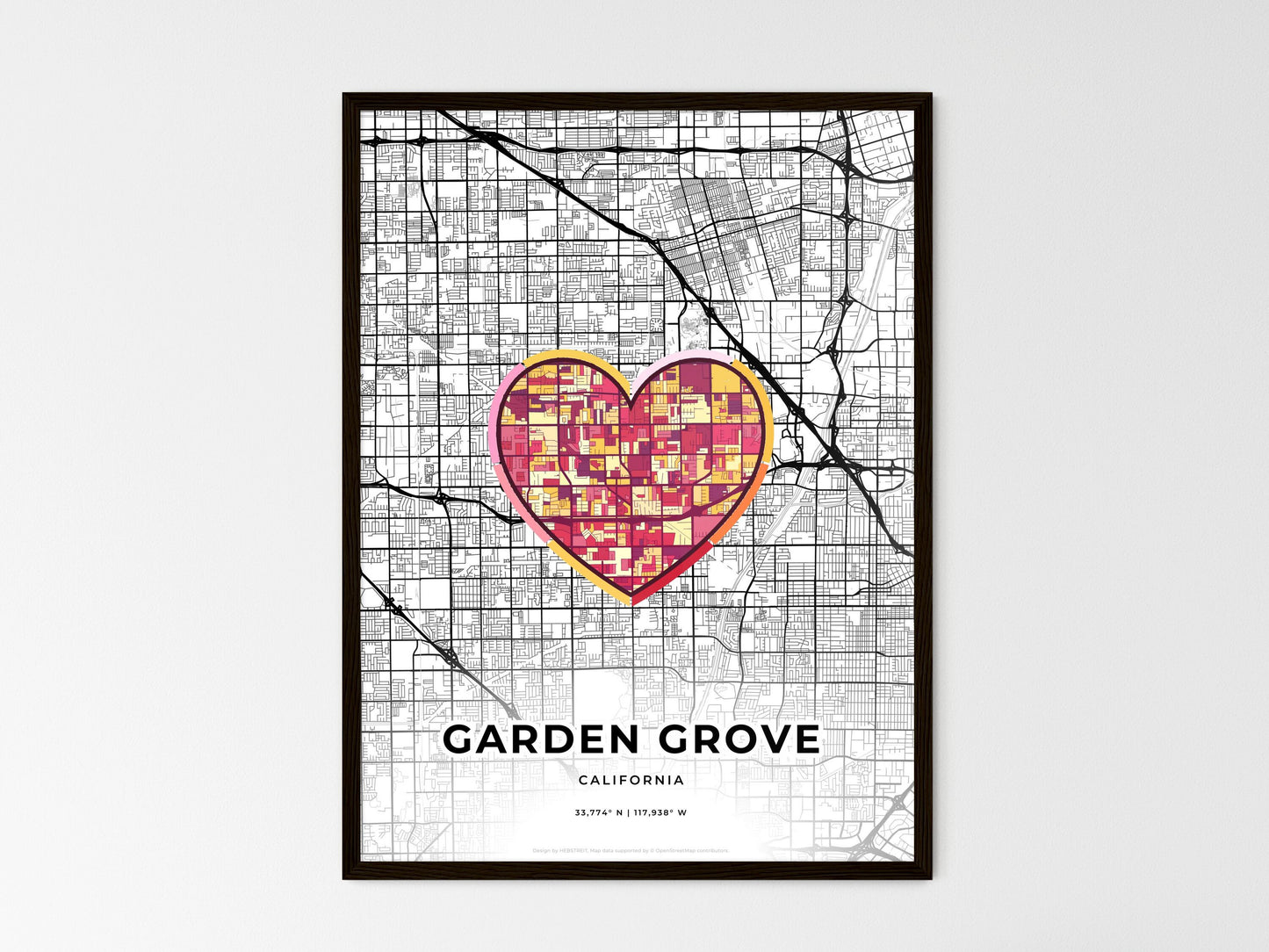 Garden Grove California wedding art map with heart icon