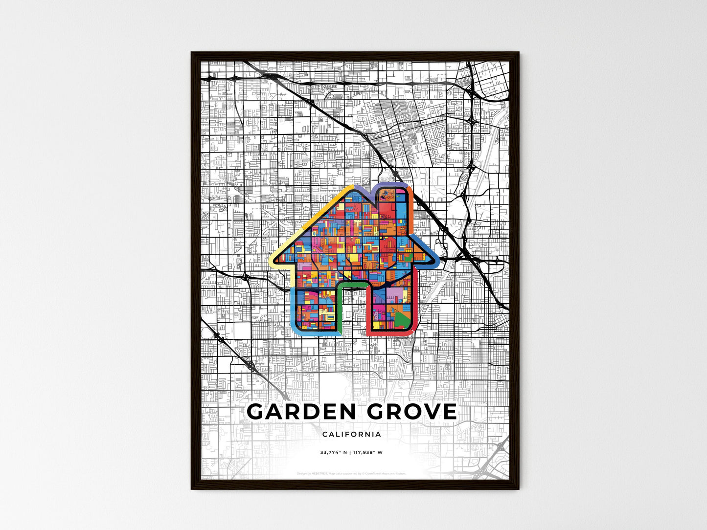 Garden Grove California wedding art map with home icon