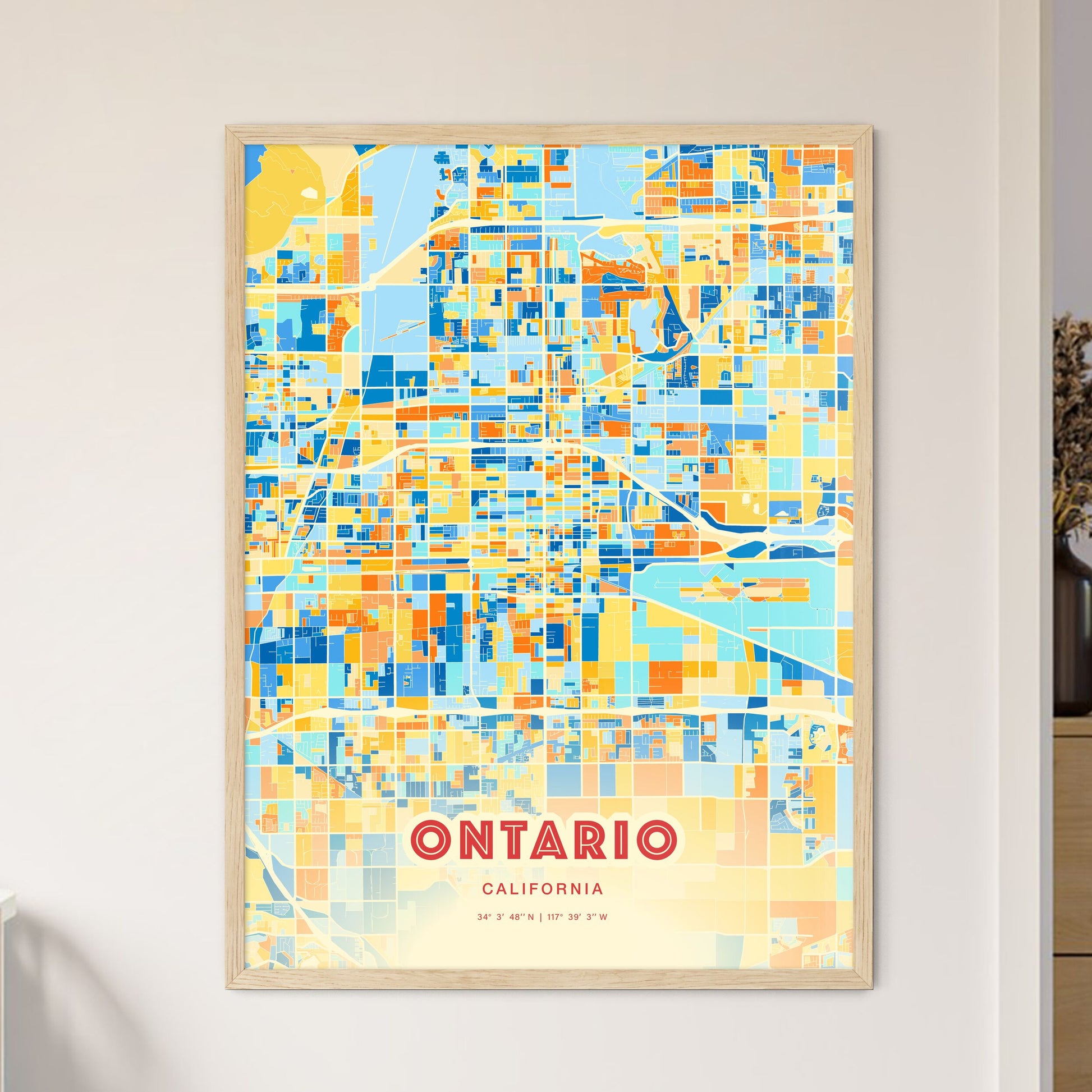 Colorful Ontario California Fine Art Map Blue Orange