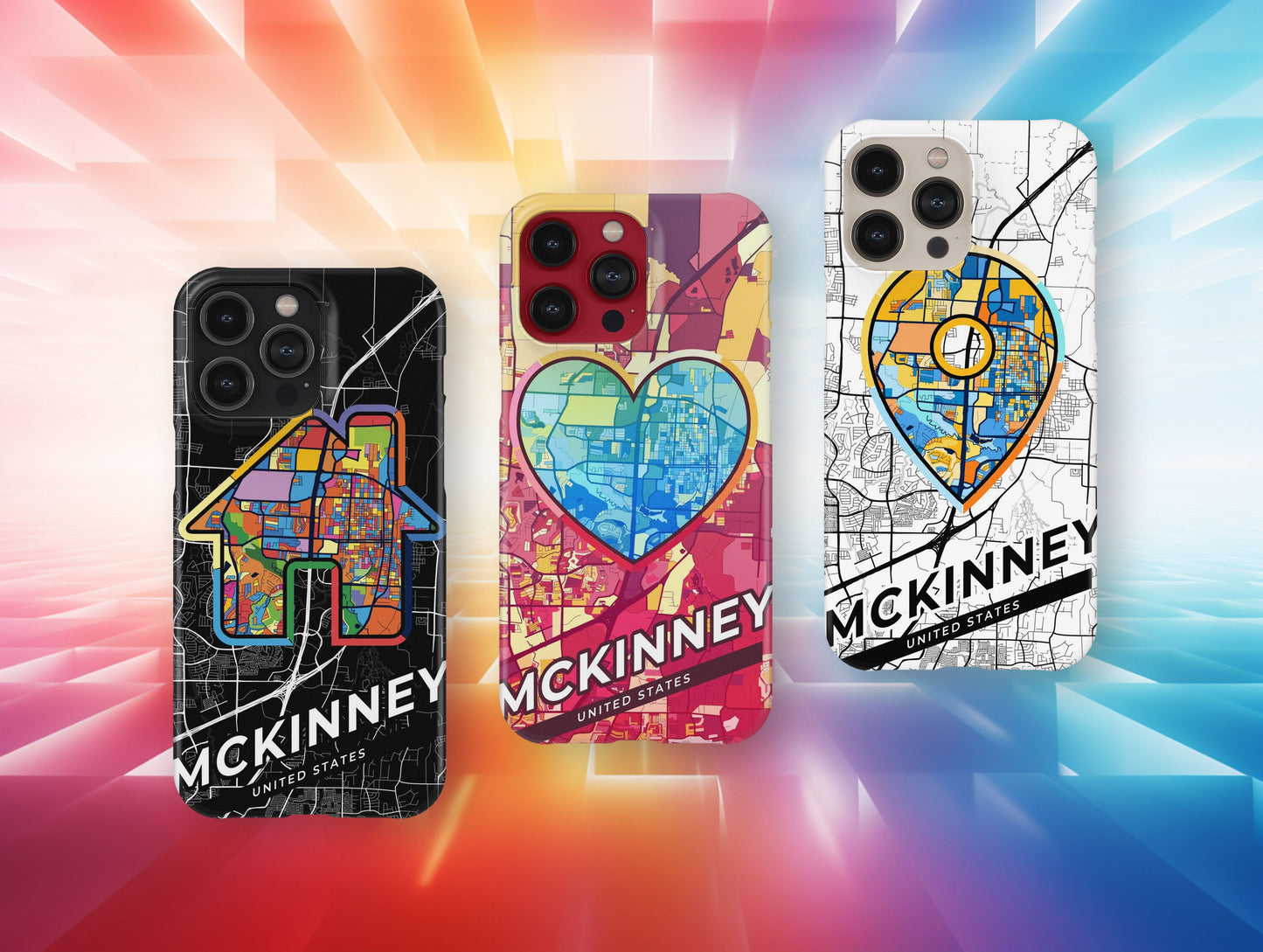 Mckinney Texas slim phone case with colorful icon. Birthday, wedding or housewarming gift. Couple match cases.
