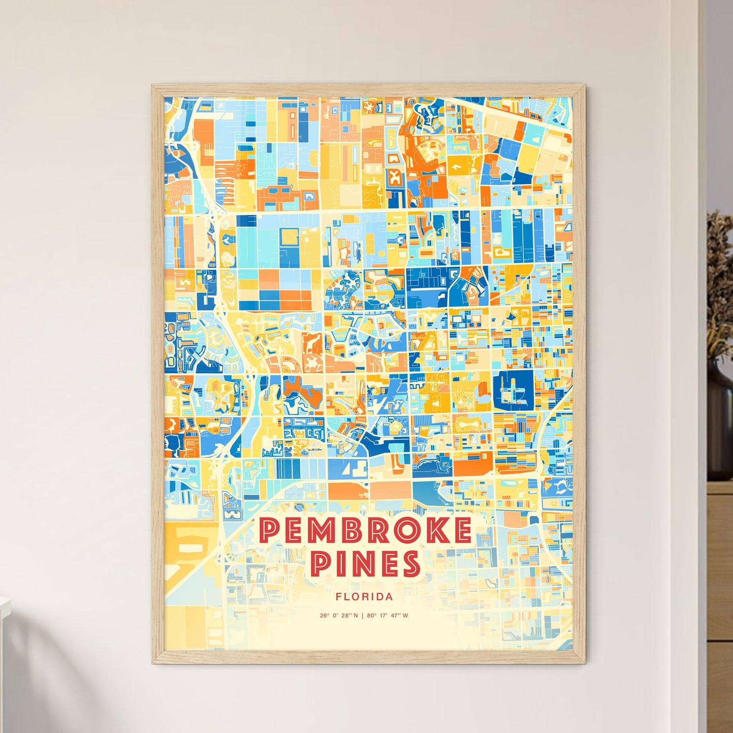 Colorful Pembroke Pines Florida Fine Art Map Blue Orange