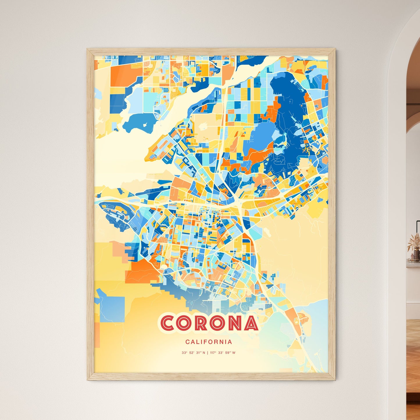 Colorful Corona California Fine Art Map Blue Orange