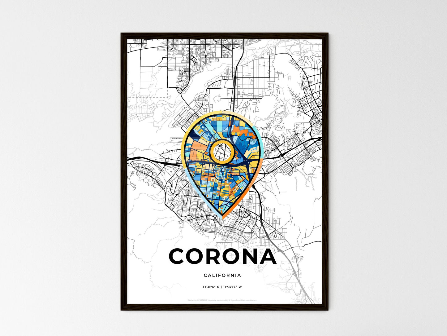 Corona California wedding art map with pointer icon