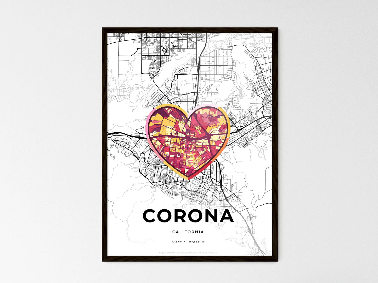 Corona California wedding art map with heart icon