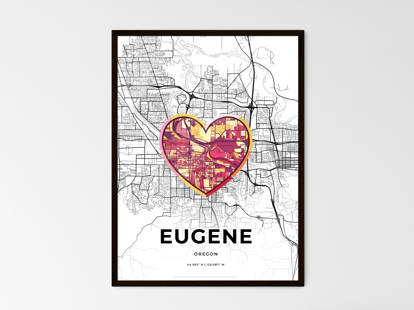 Eugene Oregon wedding art map with heart icon