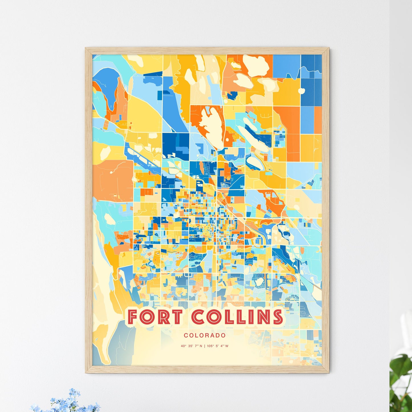 Colorful Fort Collins Colorado Fine Art Map Blue Orange