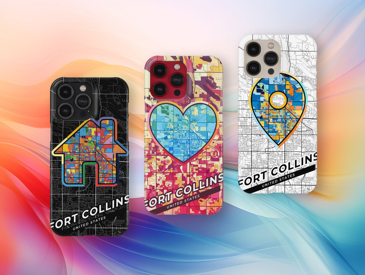 Fort Collins Colorado slim phone case with colorful icon. Birthday, wedding or housewarming gift. Couple match cases.