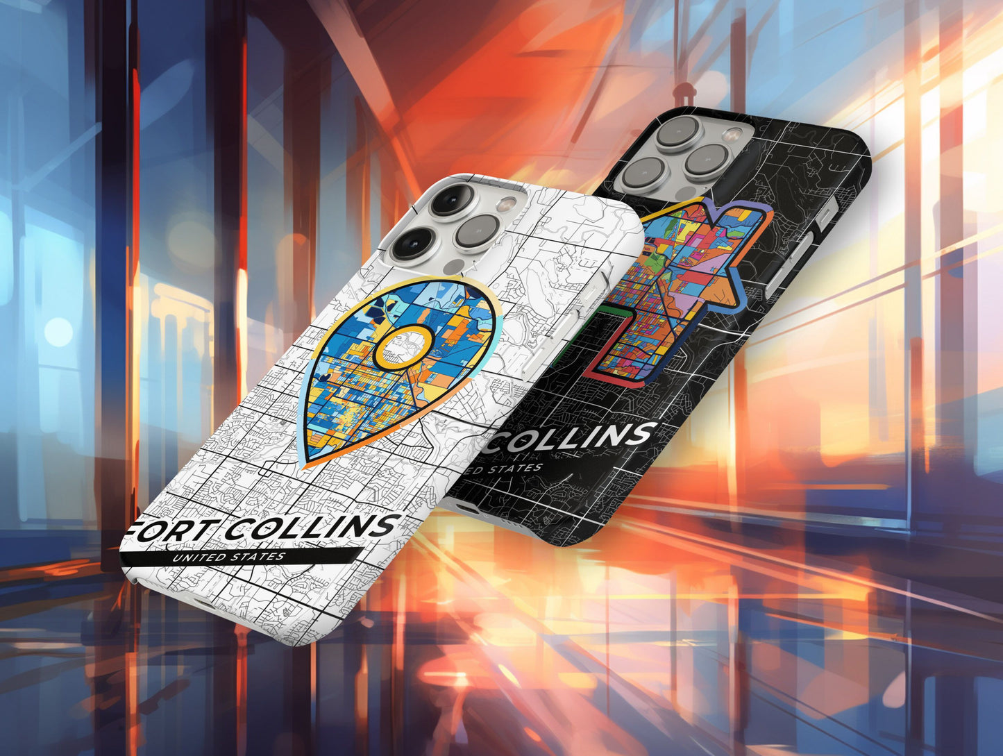 Fort Collins Colorado slim phone case with colorful icon. Birthday, wedding or housewarming gift. Couple match cases.