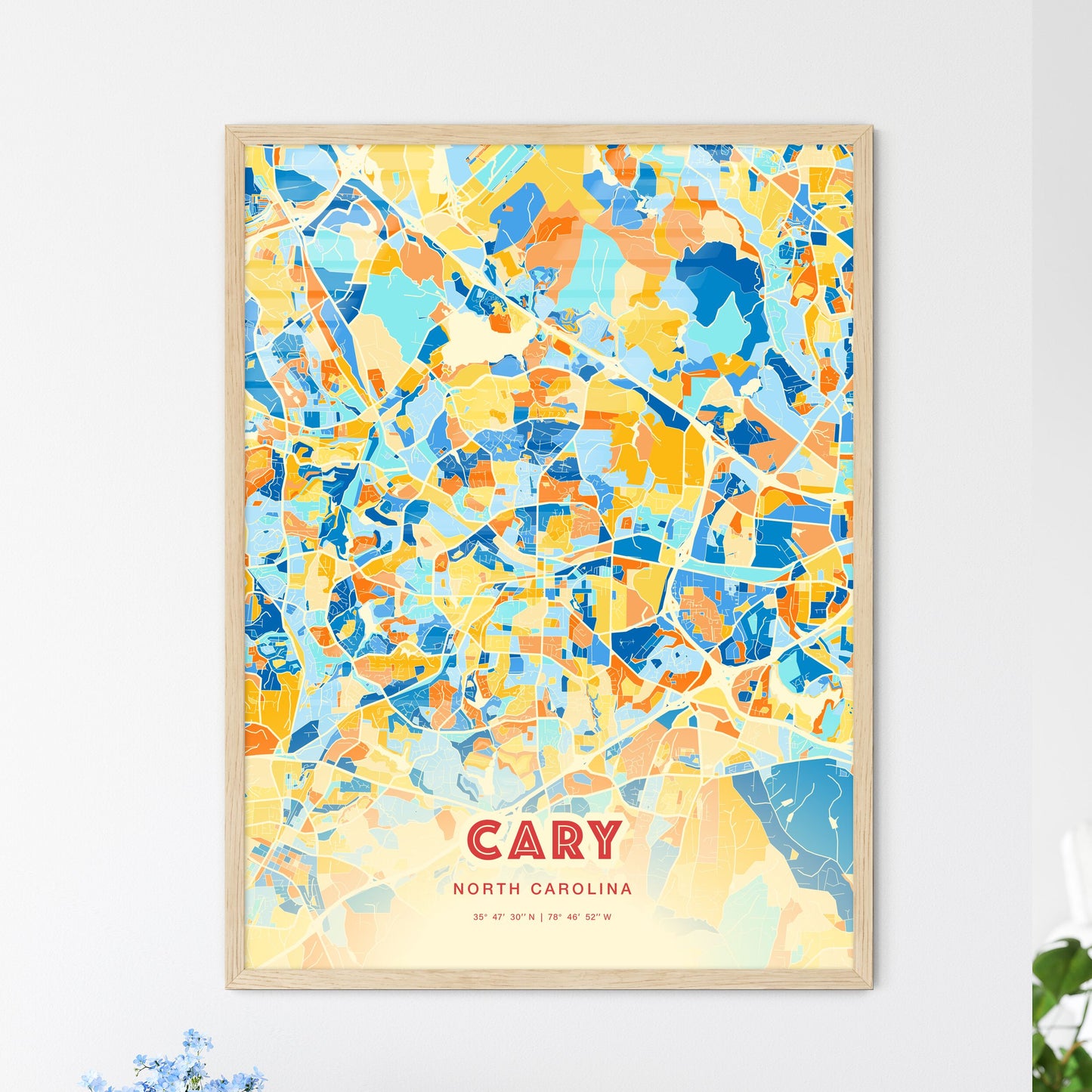 Colorful Cary North Carolina Fine Art Map Blue Orange