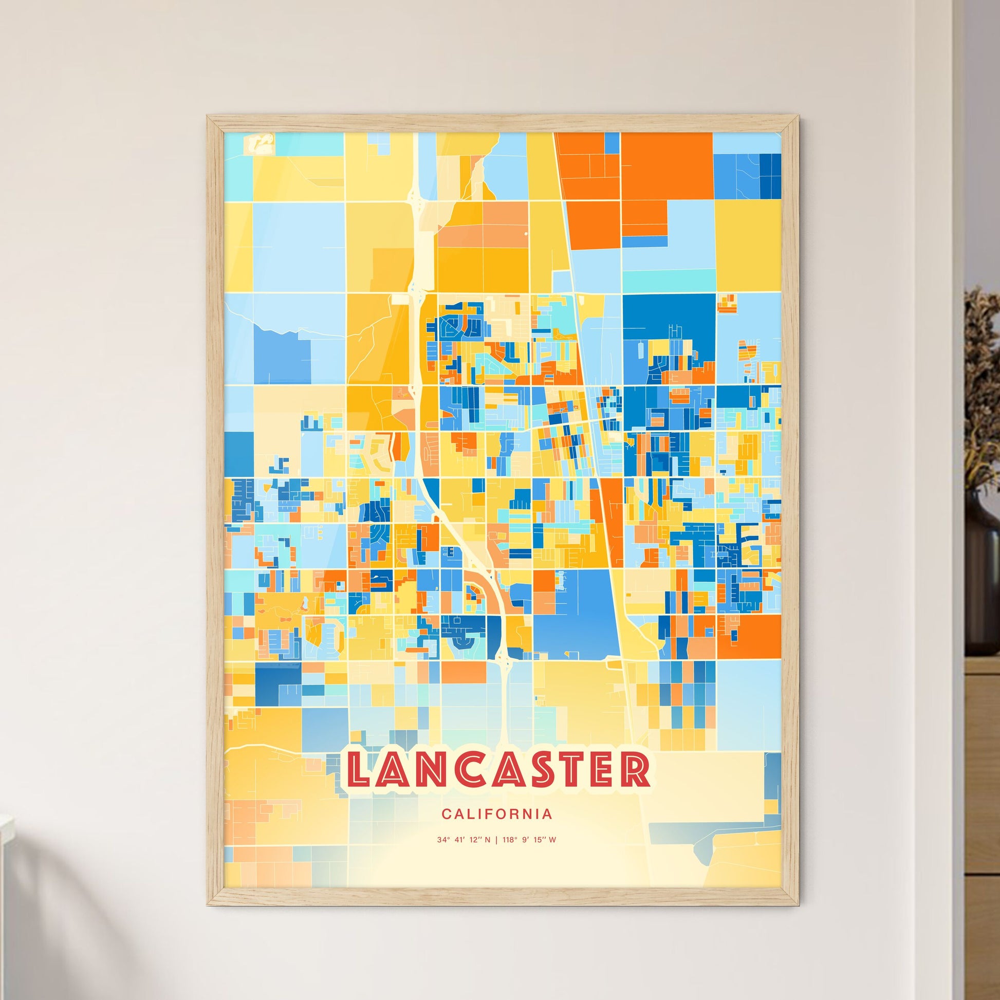 Colorful Lancaster California Fine Art Map Blue Orange