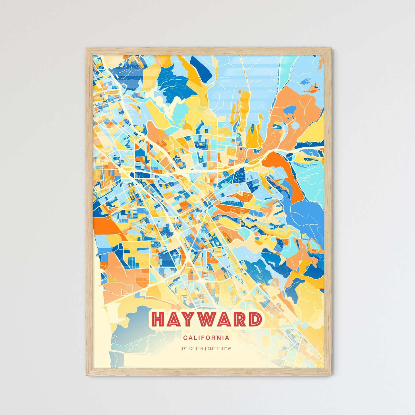 Colorful Hayward California Fine Art Map Blue Orange