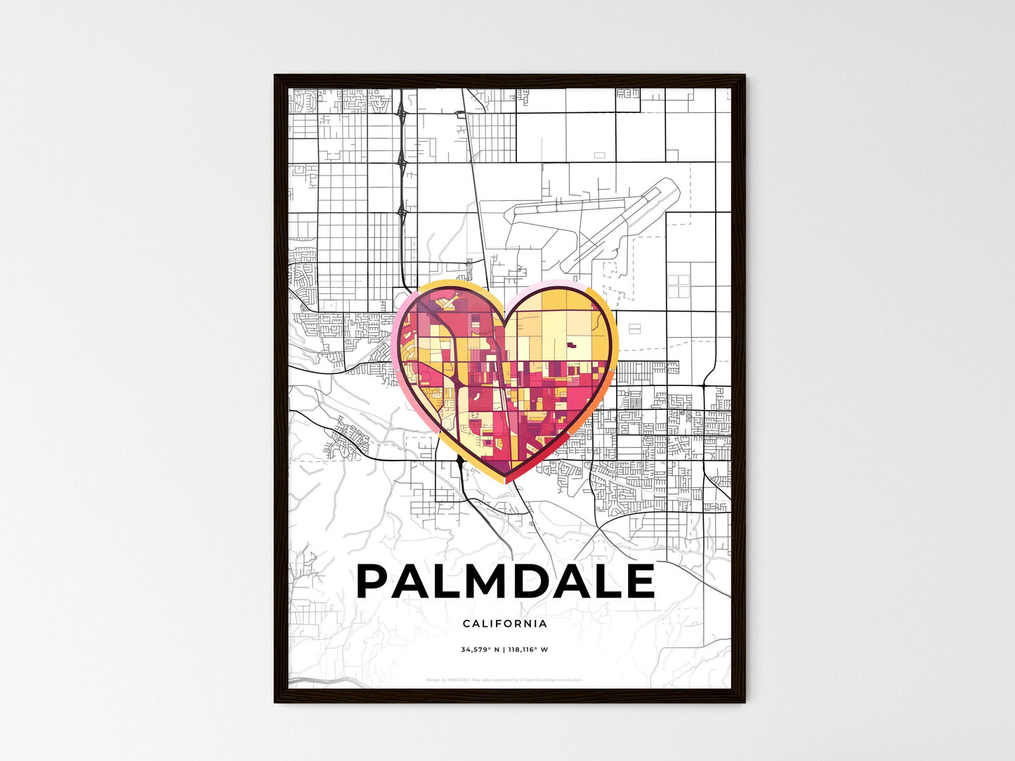 Palmdale California wedding art map with heart icon