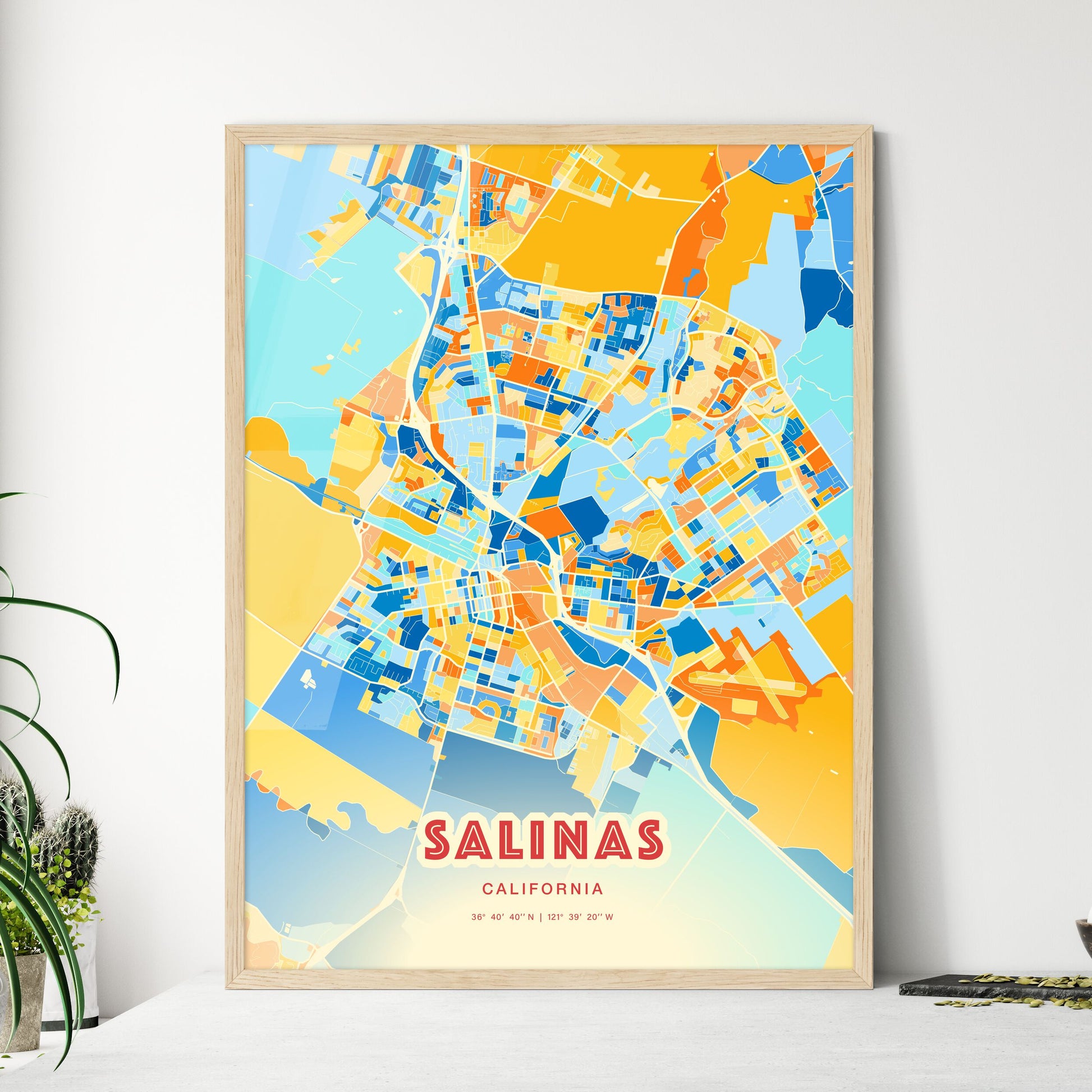 Colorful Salinas California Fine Art Map Blue Orange